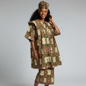 Vintage Nubian Queen African Wax Print Button Front Shift Dress Orange Green S